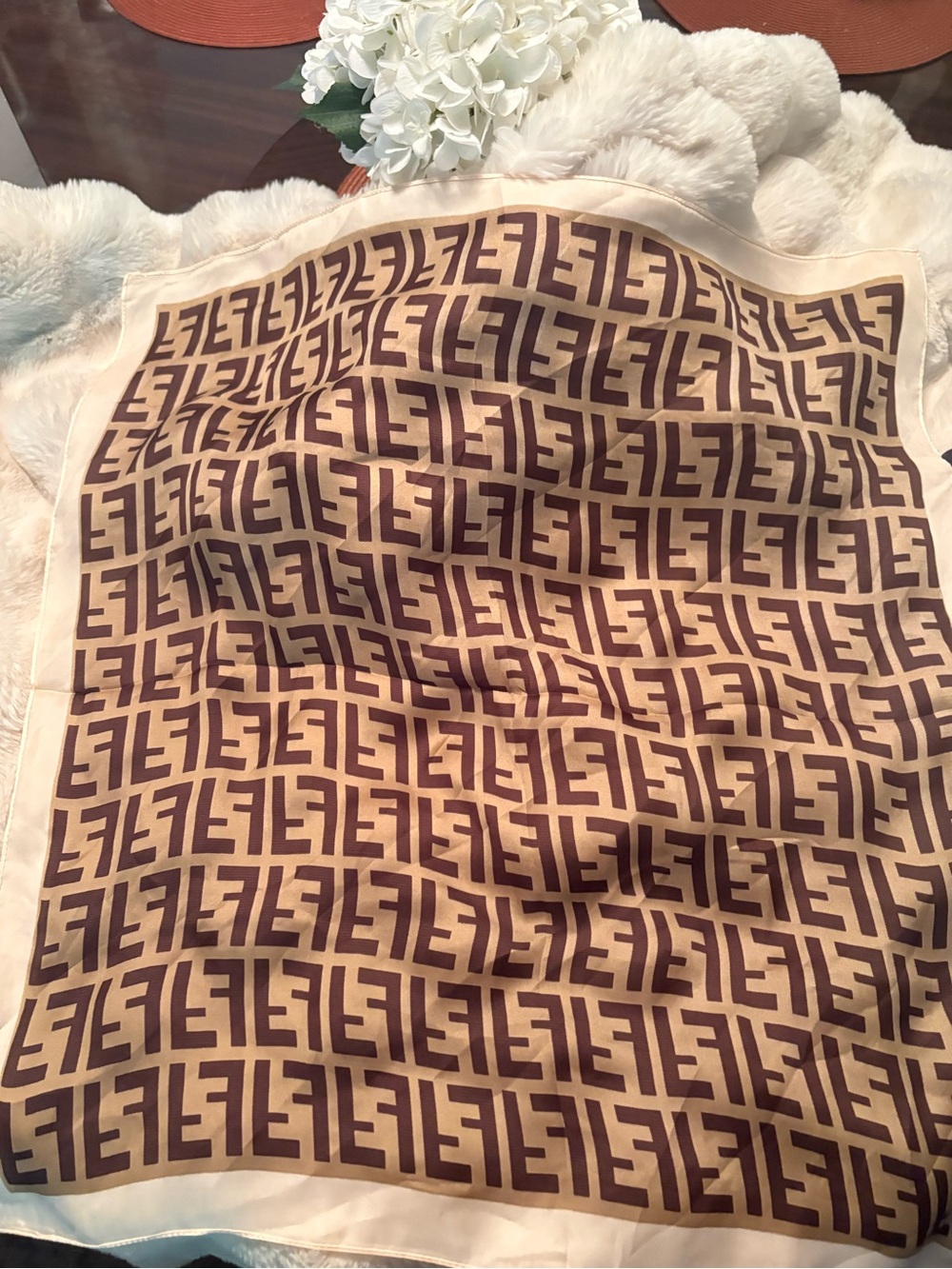 Fendi  Brown Logo Print Silk Scarf